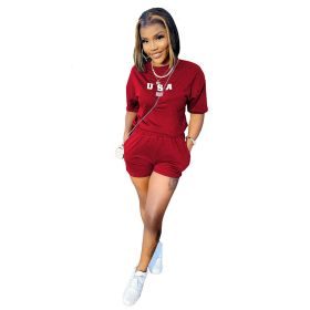 L285247-1 Women Fitness Clothing Fashion Summer Short-sleeve Alphabet Sports Suit - Red - S