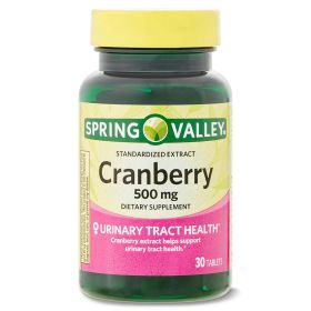 Spring Valley Standardized Extract Cranberry Urinary Tract Health Dietary Supplement Tablets, 500 mg, 30 Count - Spring Valley