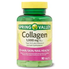 Spring Valley Collagen Type 1 & 3 plus Vitamin C Hair/Skin/Nails Health Dietary Supplement Tablets, 1,000 mg, 90 Count - Spring Valley